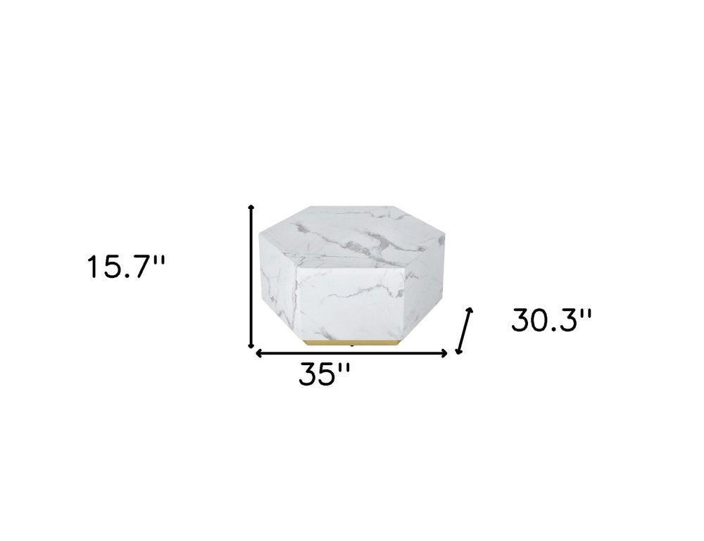 White and Gold Faux Marble Hexagon Drum Coffee Table - 35-inch