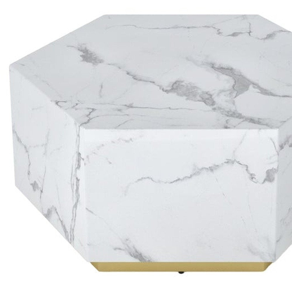 White and Gold Faux Marble Hexagon Drum Coffee Table - 35-inch