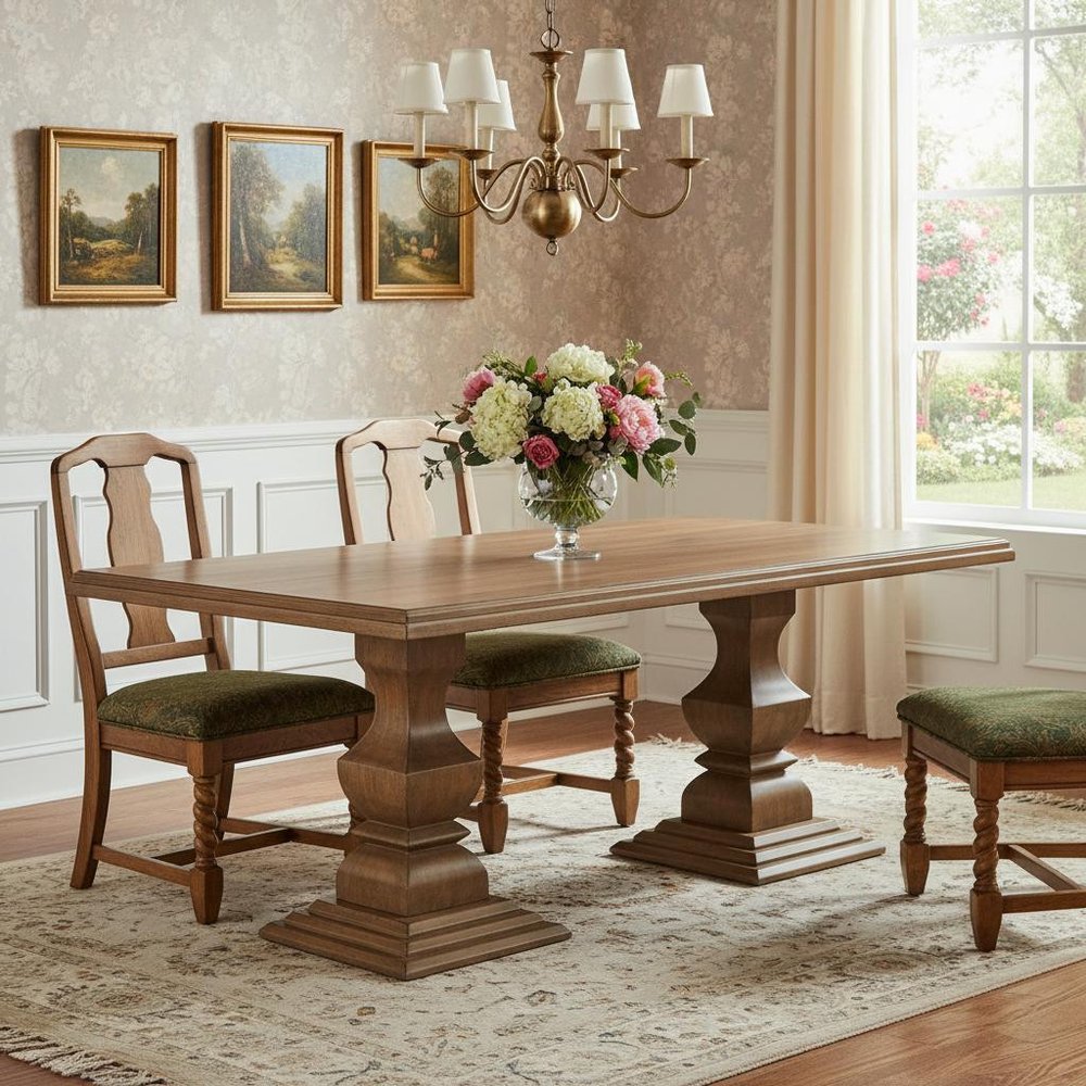 Brown Solid Wood Double Pedestal Base Dining Table - 75-inch