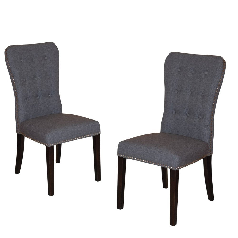 Set of Two Gray and Brown Fabric and Wood Dining Side Chairs