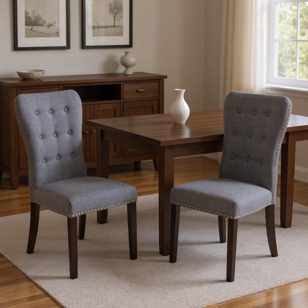 Set of Two Gray and Brown Fabric and Wood Dining Side Chairs