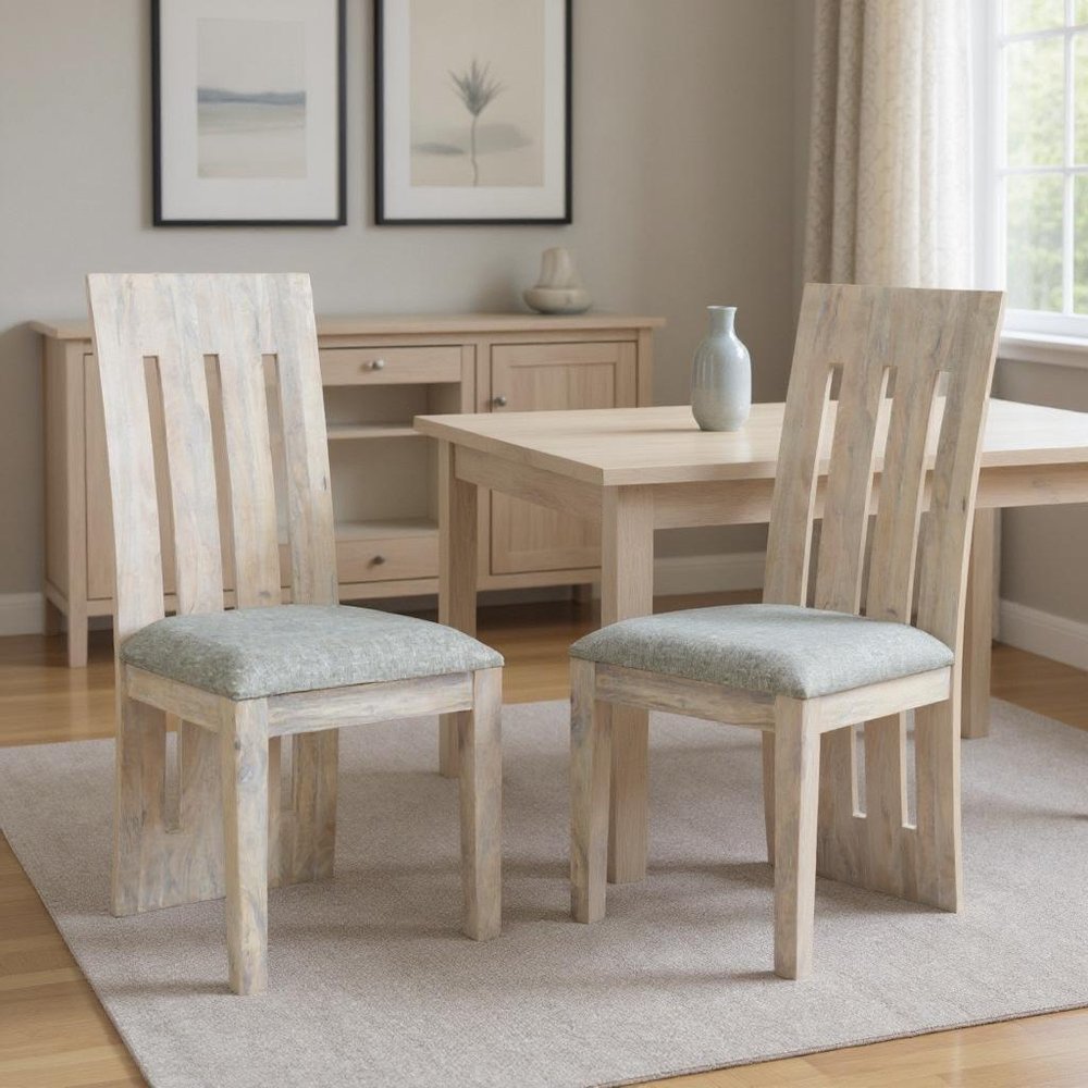 Set of Two Gray and Natural Fabric and Wood Slat Back Dining Side Chairs
