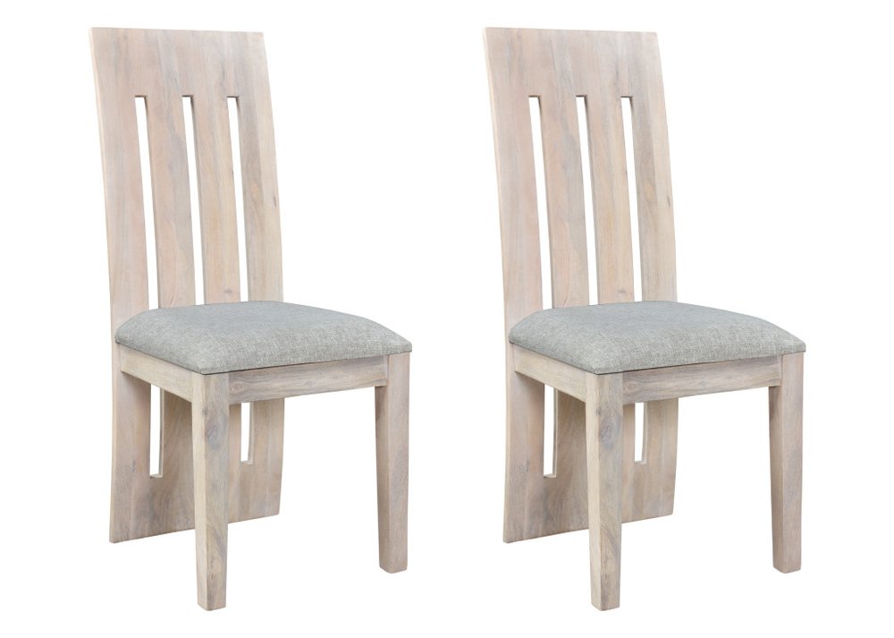 Set of Two Gray and Natural Fabric and Wood Slat Back Dining Side Chairs