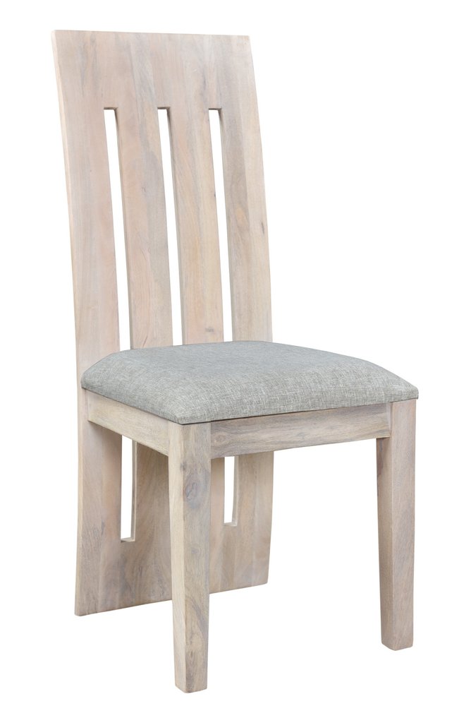 Set of Two Gray and Natural Fabric and Wood Slat Back Dining Side Chairs