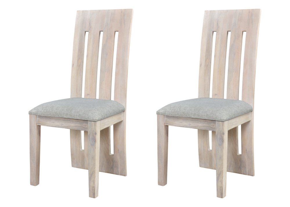 Set of Two Gray and Natural Fabric and Wood Slat Back Dining Side Chairs
