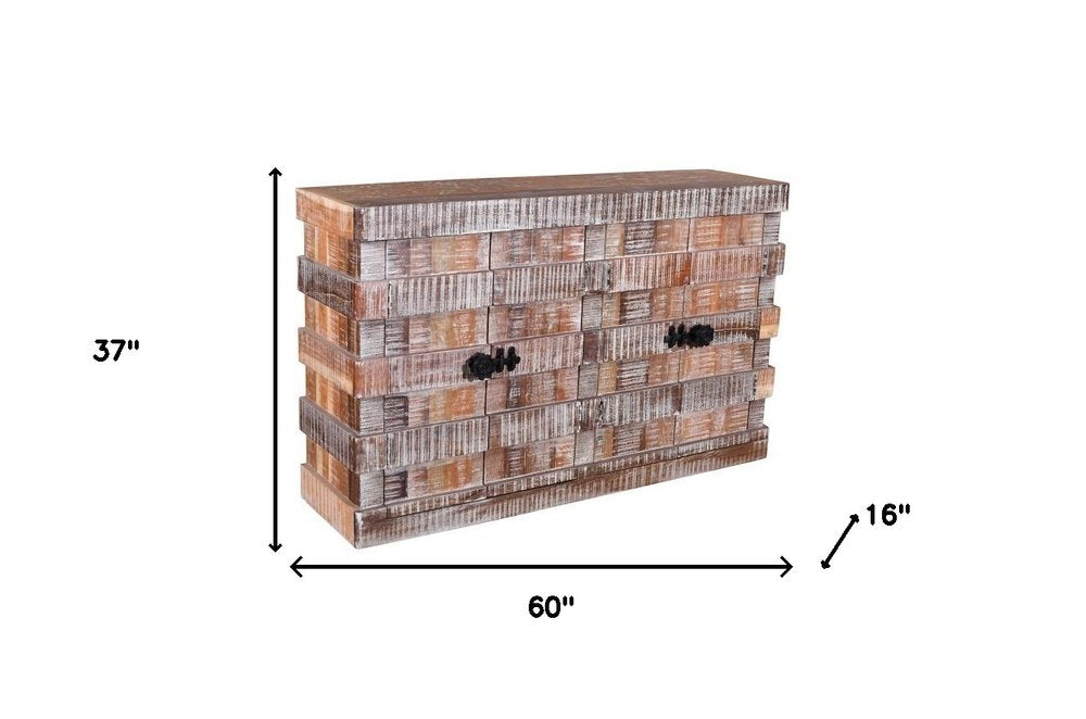 Brown Distressed Reclaimed Wood Ribbed Texture Sideboard with Four Doors