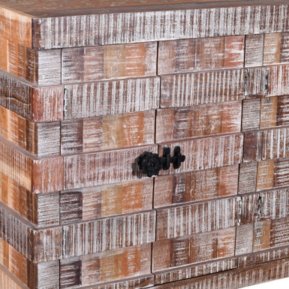 Brown Distressed Reclaimed Wood Ribbed Texture Sideboard with Four Doors