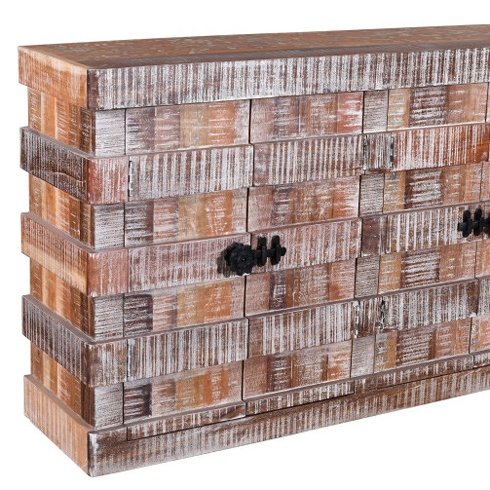 Brown Distressed Reclaimed Wood Ribbed Texture Sideboard with Four Doors