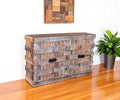 Brown Distressed Reclaimed Wood Ribbed Texture Sideboard with Four Doors