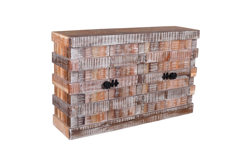 Brown Distressed Reclaimed Wood Ribbed Texture Sideboard with Four Doors