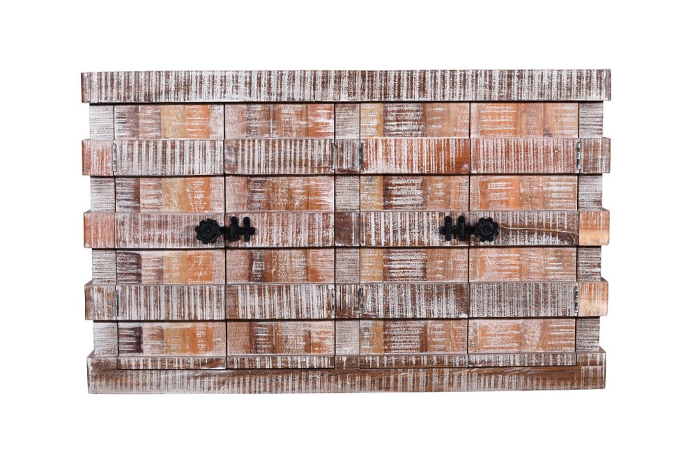 Brown Distressed Reclaimed Wood Ribbed Texture Sideboard with Four Doors