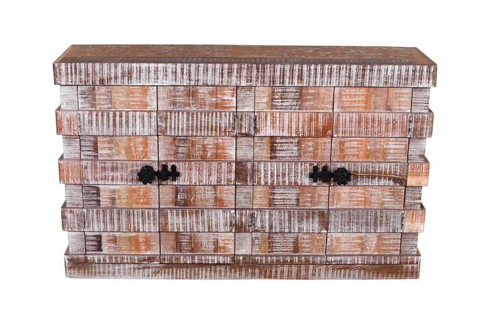 Brown Distressed Reclaimed Wood Ribbed Texture Sideboard with Four Doors