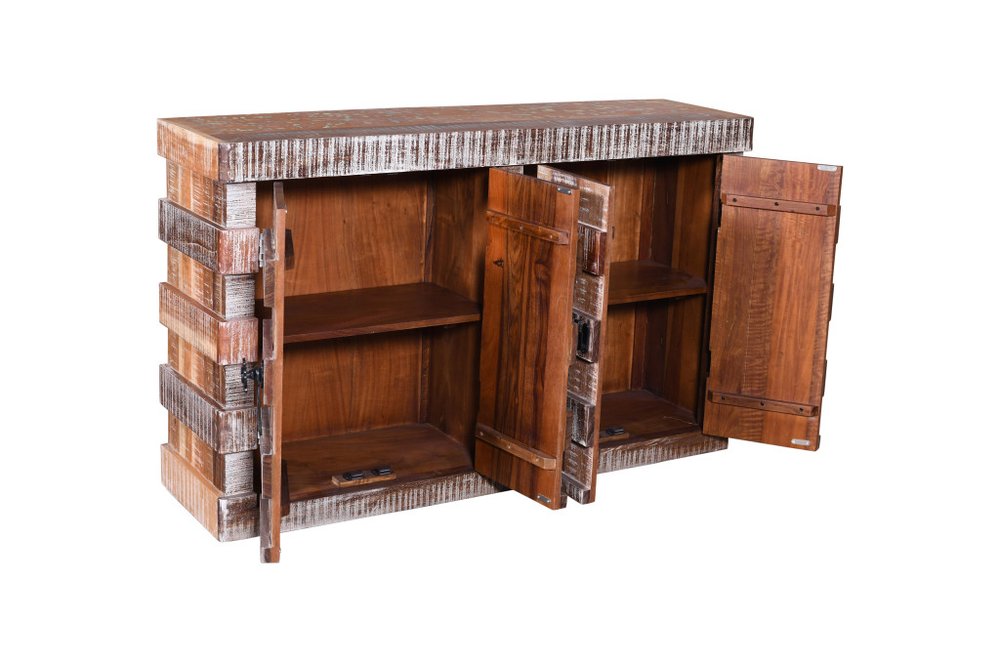 Brown Distressed Reclaimed Wood Ribbed Texture Sideboard with Four Doors
