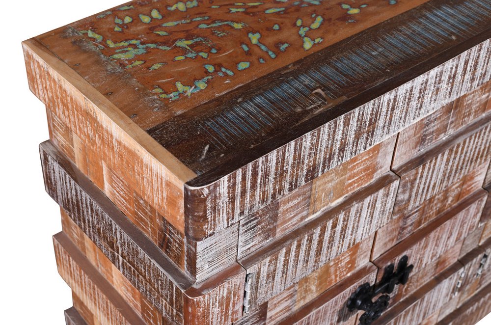 Brown Distressed Reclaimed Wood Ribbed Texture Sideboard with Four Doors