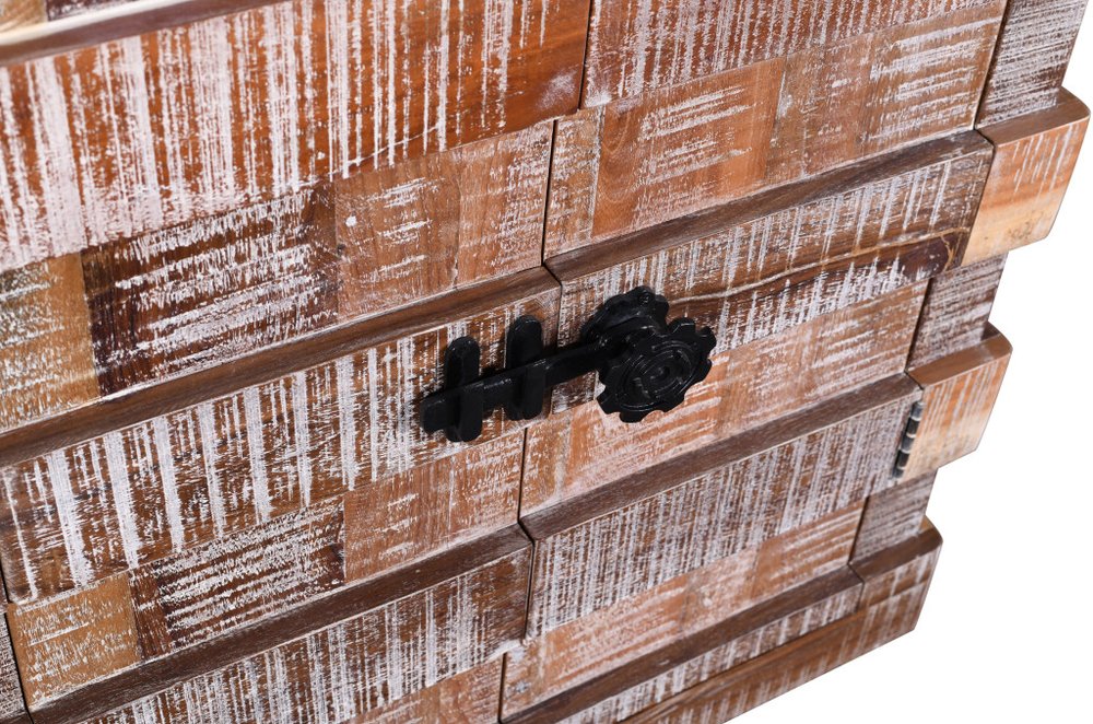 Brown Distressed Reclaimed Wood Ribbed Texture Sideboard with Four Doors
