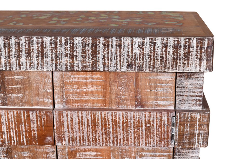 Brown Distressed Reclaimed Wood Ribbed Texture Sideboard with Four Doors