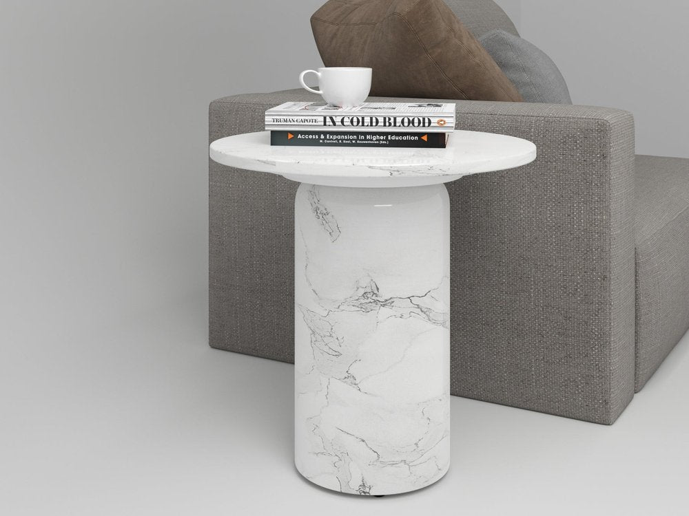 White Marble and Wood Round Pedestal End Table - 16-inch