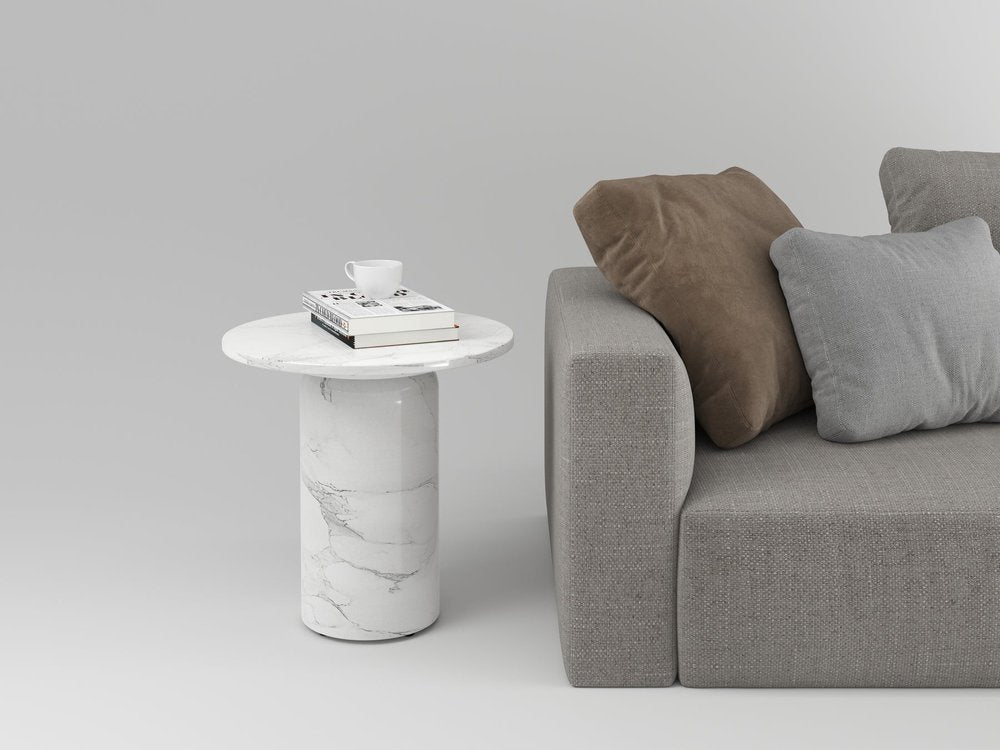 White Marble and Wood Round Pedestal End Table - 16-inch