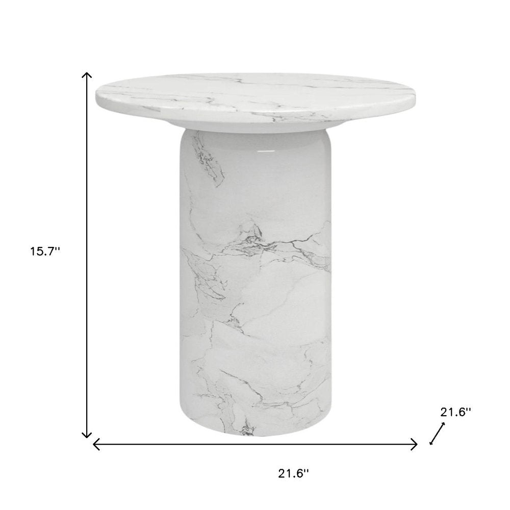 White Marble and Wood Round Pedestal End Table - 16-inch