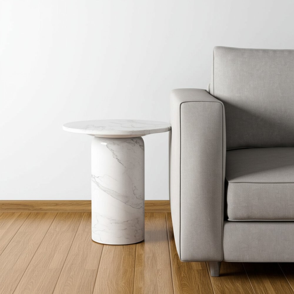 White Marble and Wood Round Pedestal End Table - 16-inch