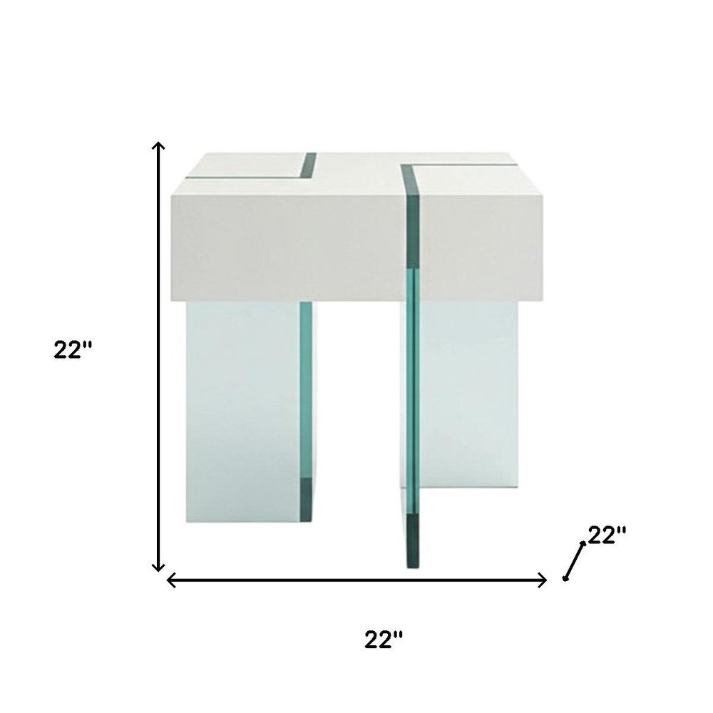 White and Clear Wood and Glass Square Sled End Table - 22-inch