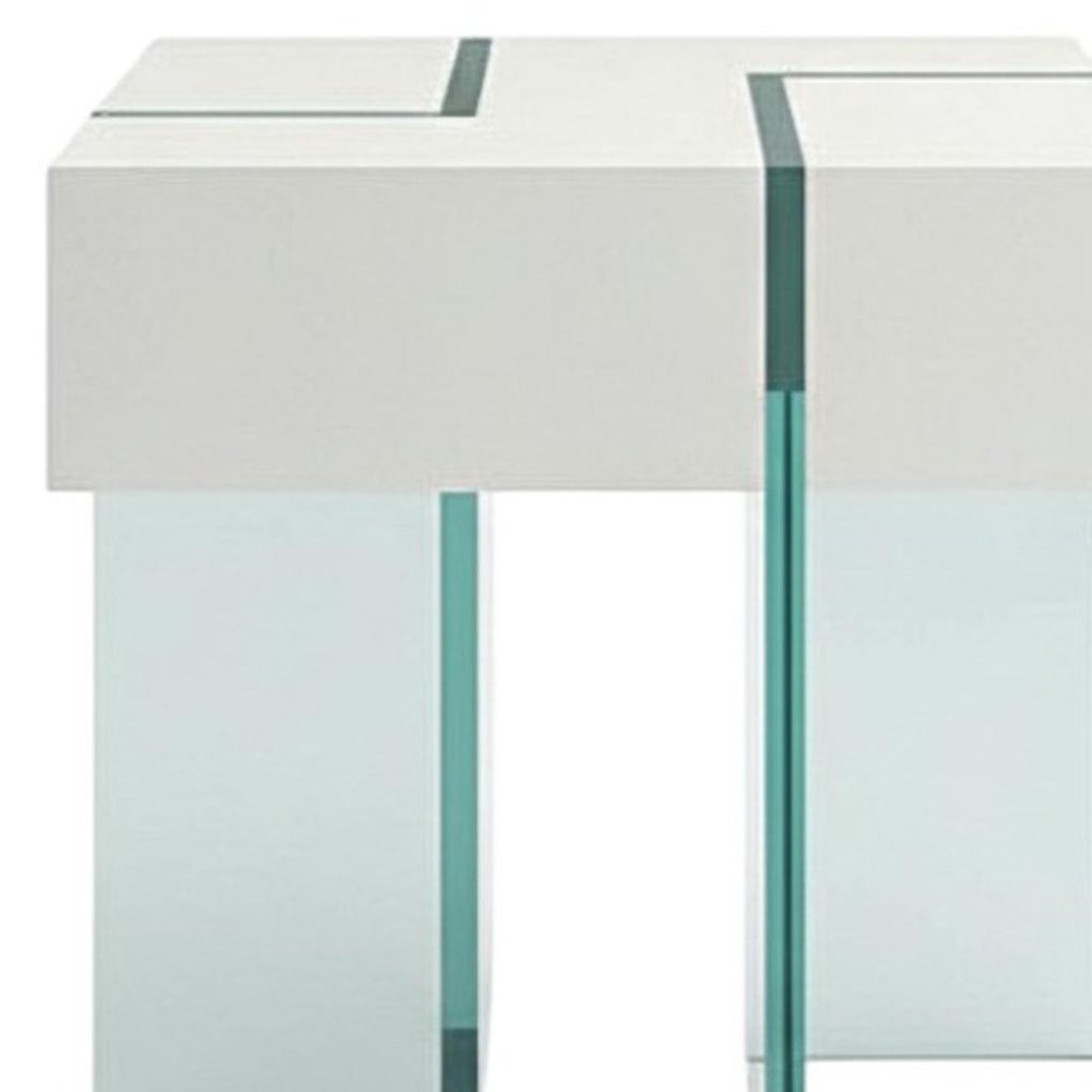 White and Clear Wood and Glass Square Sled End Table - 22-inch