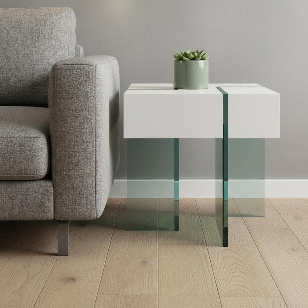 White and Clear Wood and Glass Square Sled End Table - 22-inch