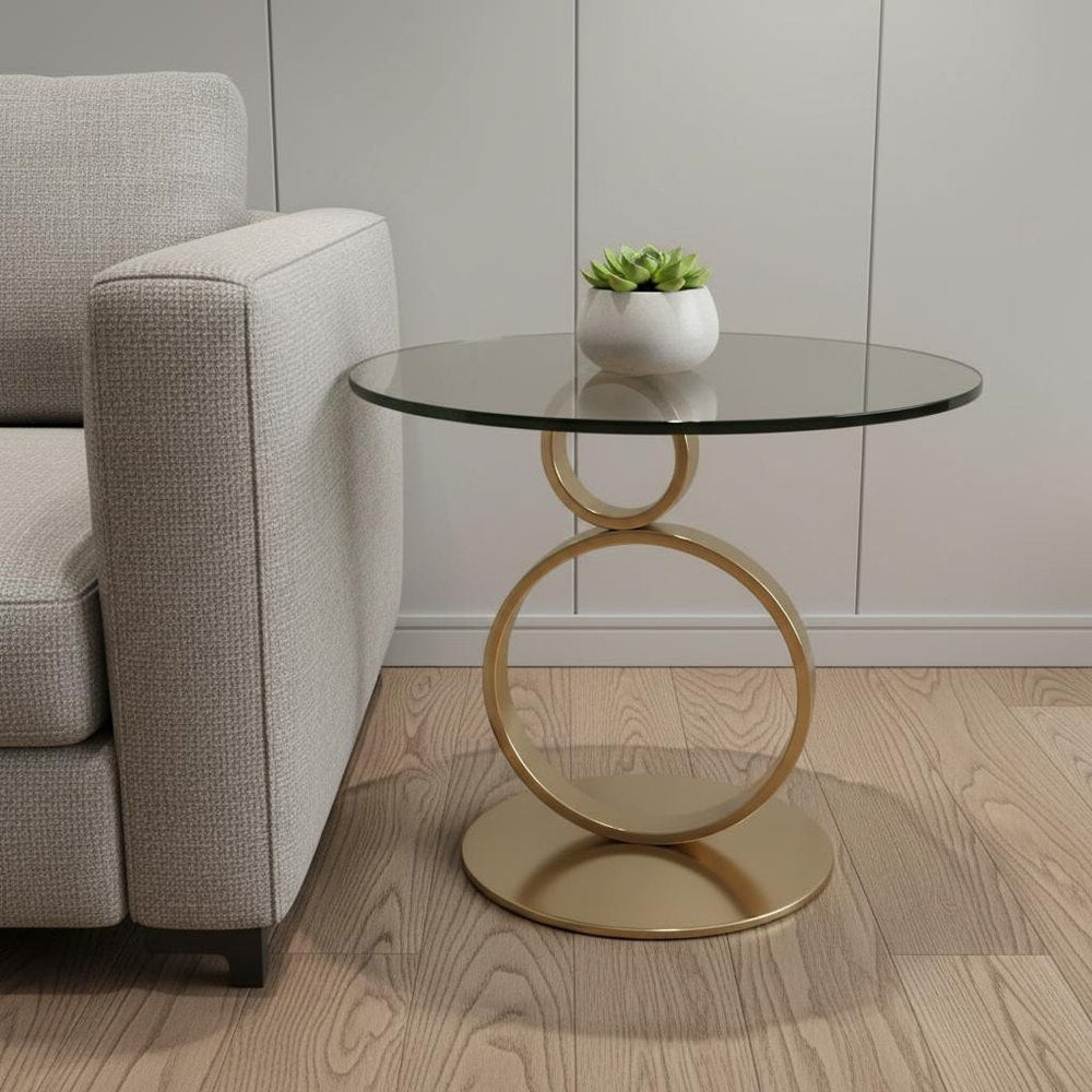 Clear and Gold Glass and Metal Round Pedestal End Table - 21-inch