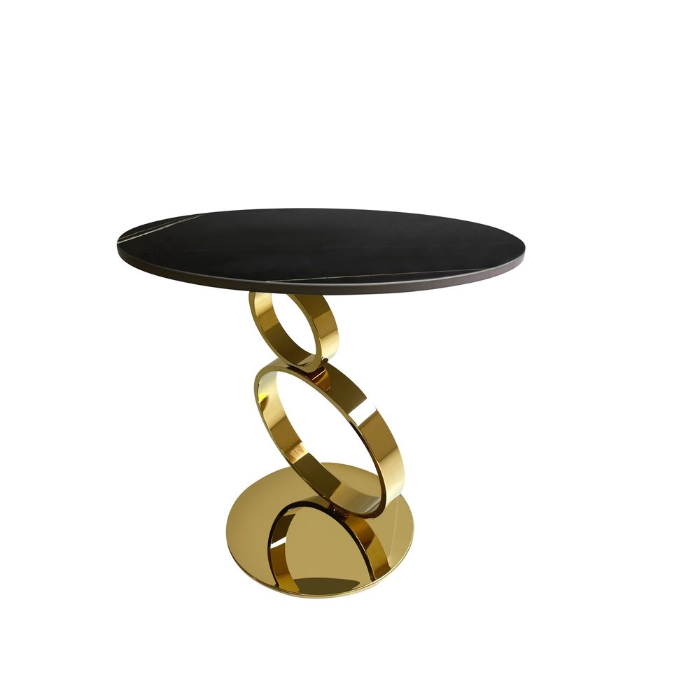 Black and Gold Stone and Stainless Steel Round Pedestal End Table