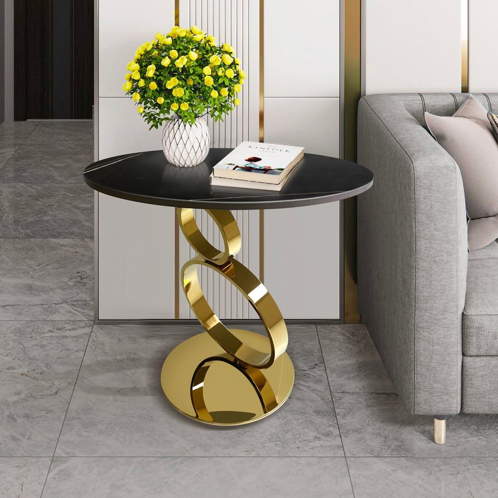 Black and Gold Stone and Stainless Steel Round Pedestal End Table