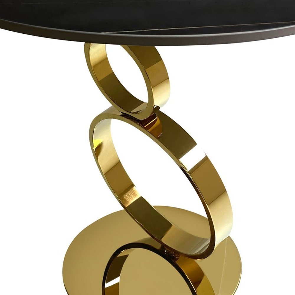 Black and Gold Stone and Stainless Steel Round Pedestal End Table