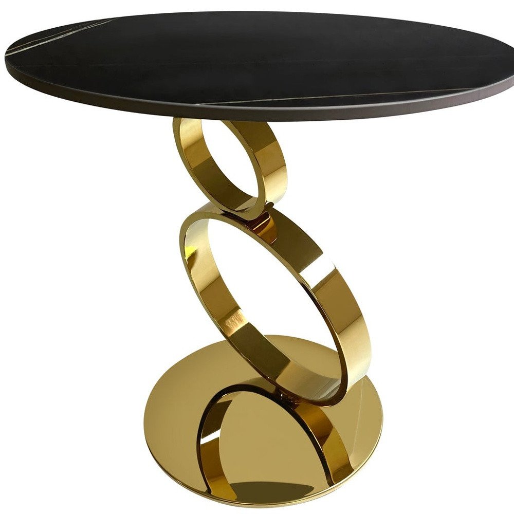 Black and Gold Stone and Stainless Steel Round Pedestal End Table