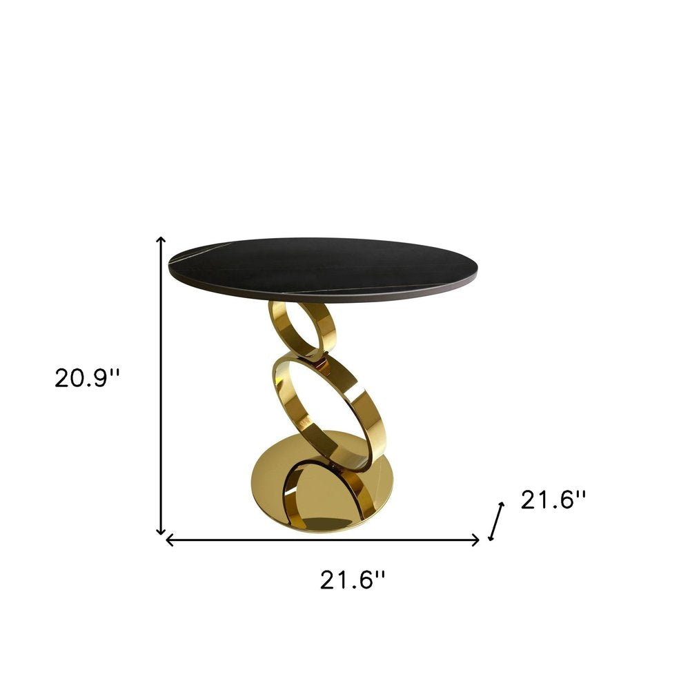 Black and Gold Stone and Stainless Steel Round Pedestal End Table