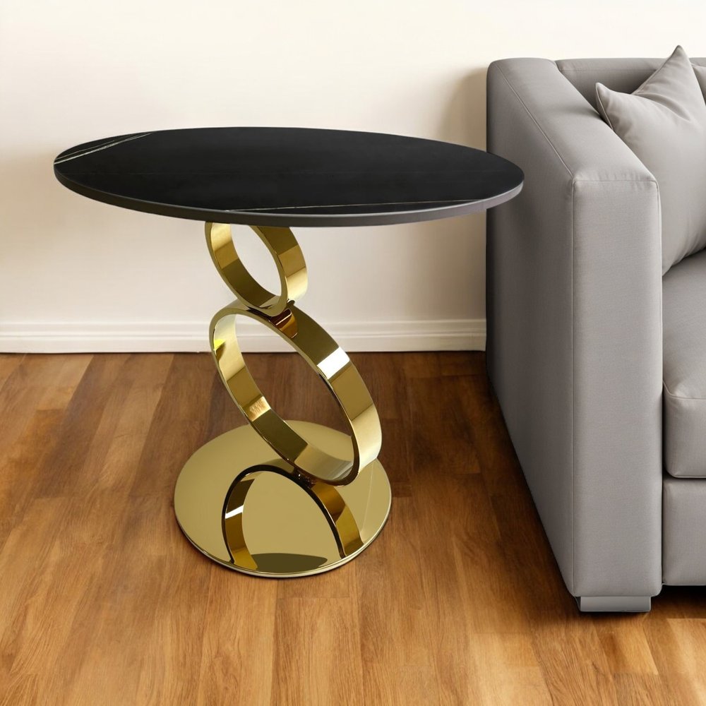 Black and Gold Stone and Stainless Steel Round Pedestal End Table