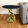 Black and Gold Stone and Stainless Steel Round Pedestal End Table