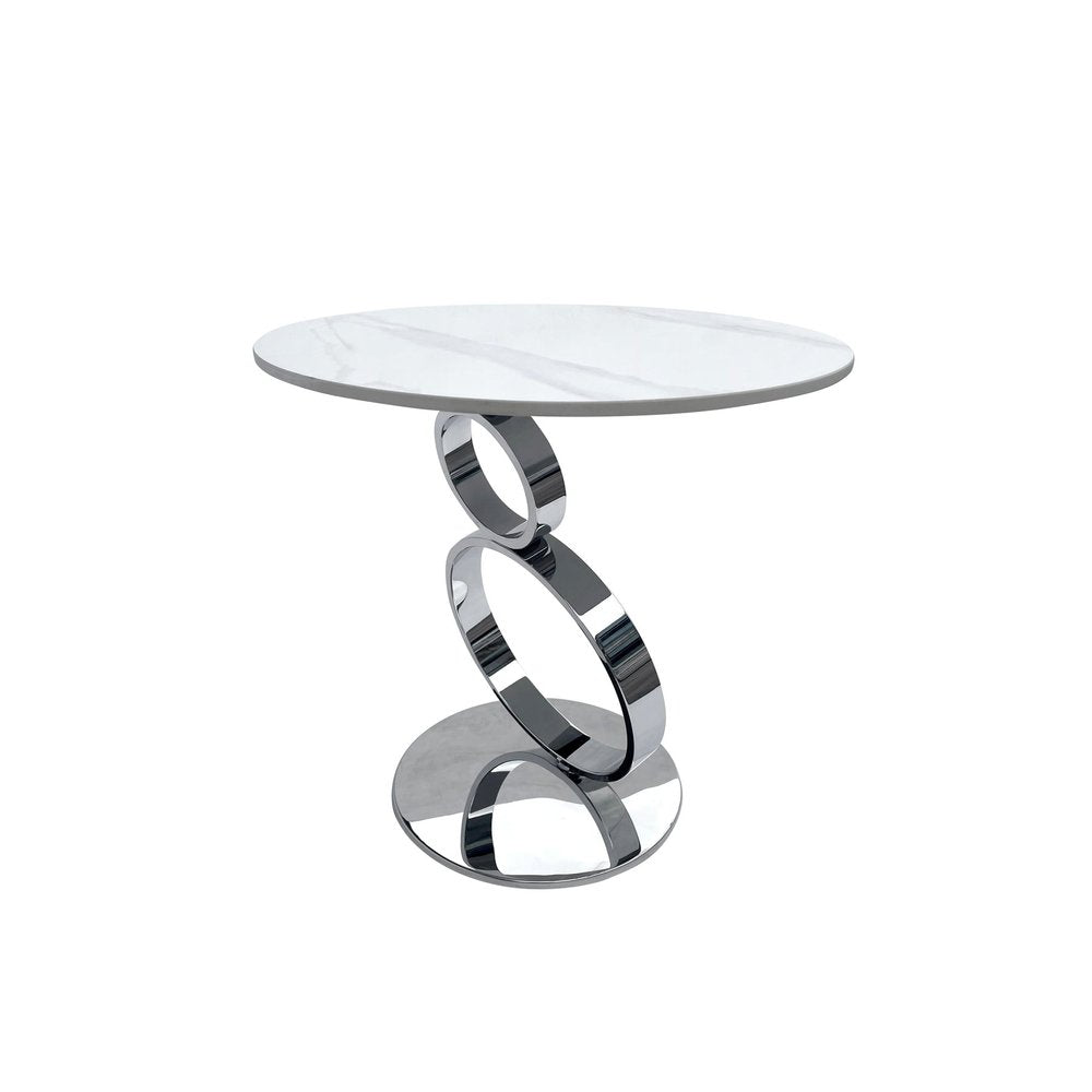 White and Silver Stone and Stainless Steel Round Pedestal End Table