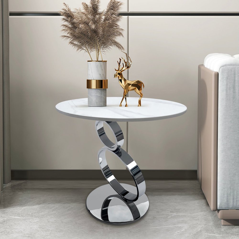 White and Silver Stone and Stainless Steel Round Pedestal End Table