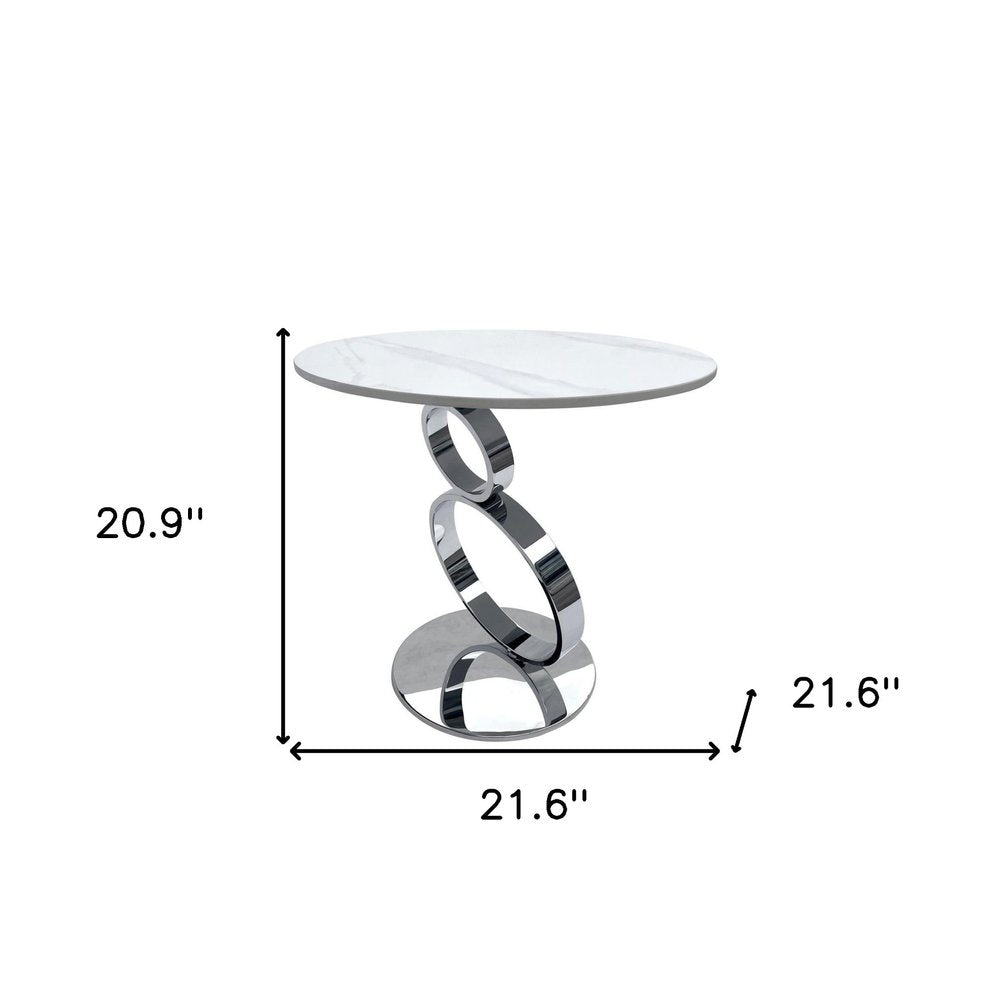 White and Silver Stone and Stainless Steel Round Pedestal End Table