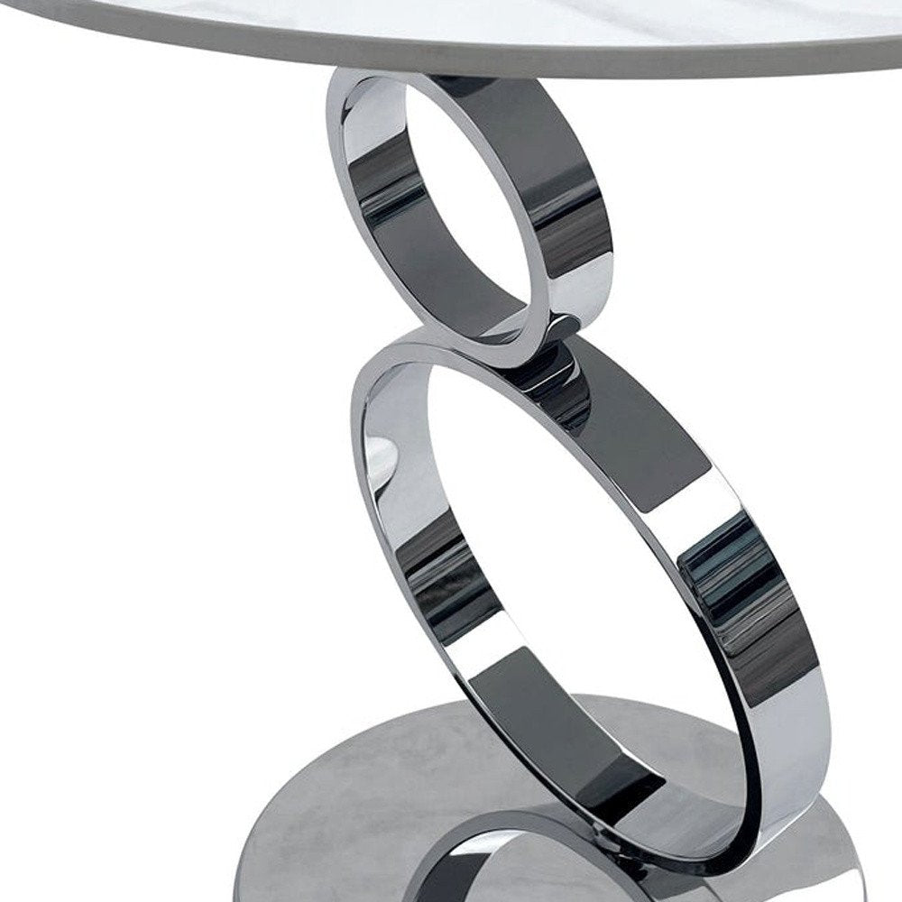 White and Silver Stone and Stainless Steel Round Pedestal End Table