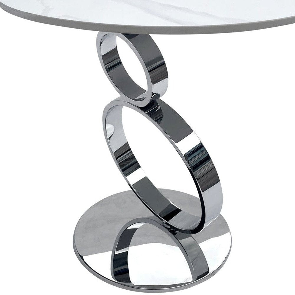 White and Silver Stone and Stainless Steel Round Pedestal End Table