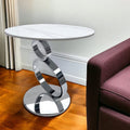 White and Silver Stone and Stainless Steel Round Pedestal End Table