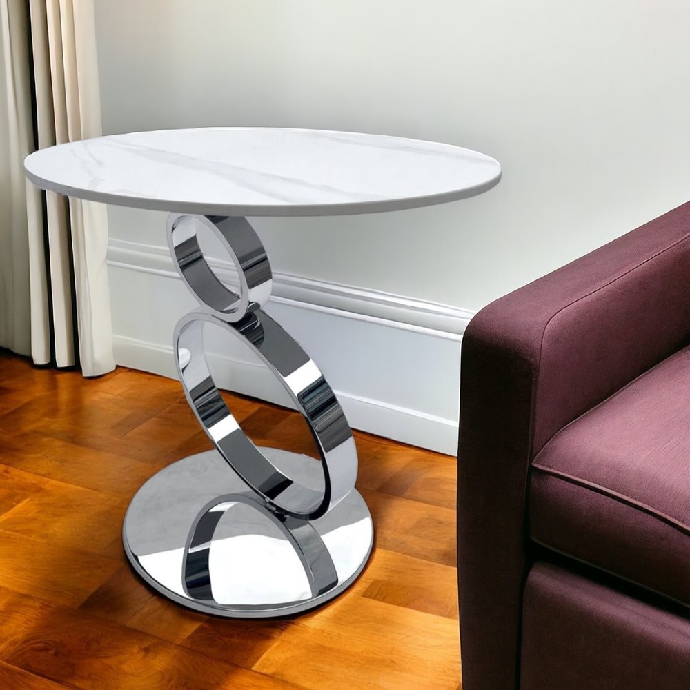 White and Silver Stone and Stainless Steel Round Pedestal End Table