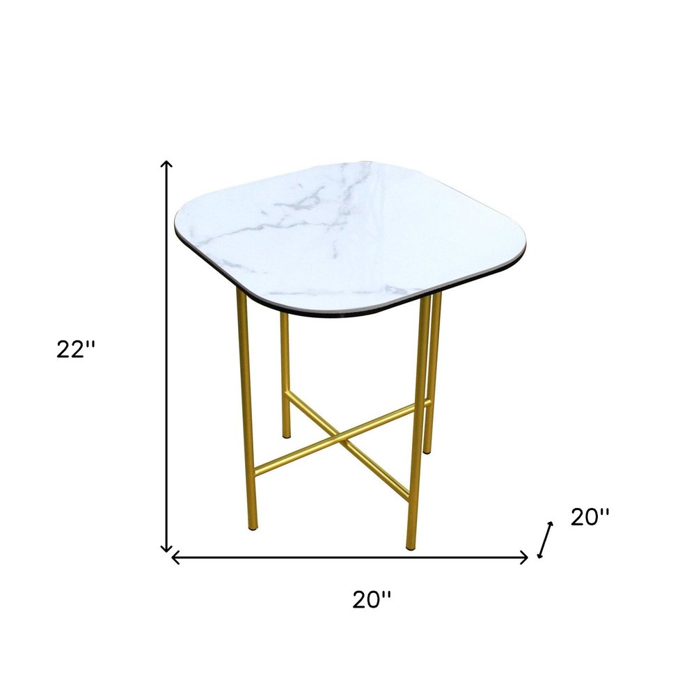 White and Gold Ceramic and Metal Square End Table - 22-inch