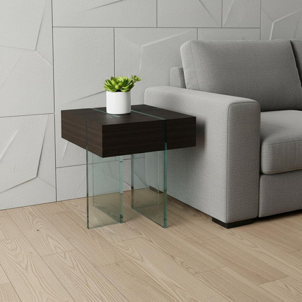 Black and Clear Wood and Glass Square Sled End Table - 22-inch