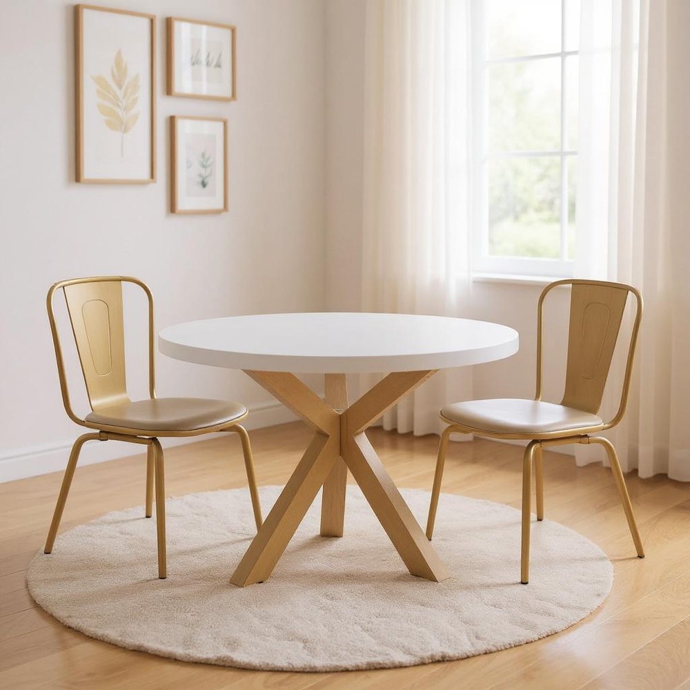 White and Gold Wood and Metal Cross Leg Base Round Top Dining Table - 48-inch