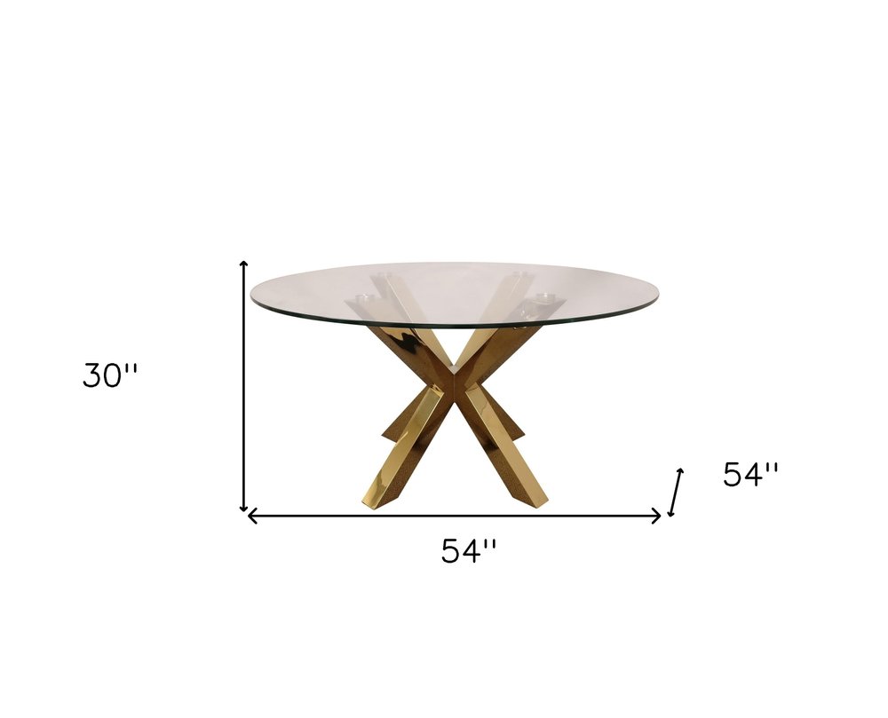 Clear and Gold Glass and Metal Cross Leg Base Round Top Dining Table - 54-inch