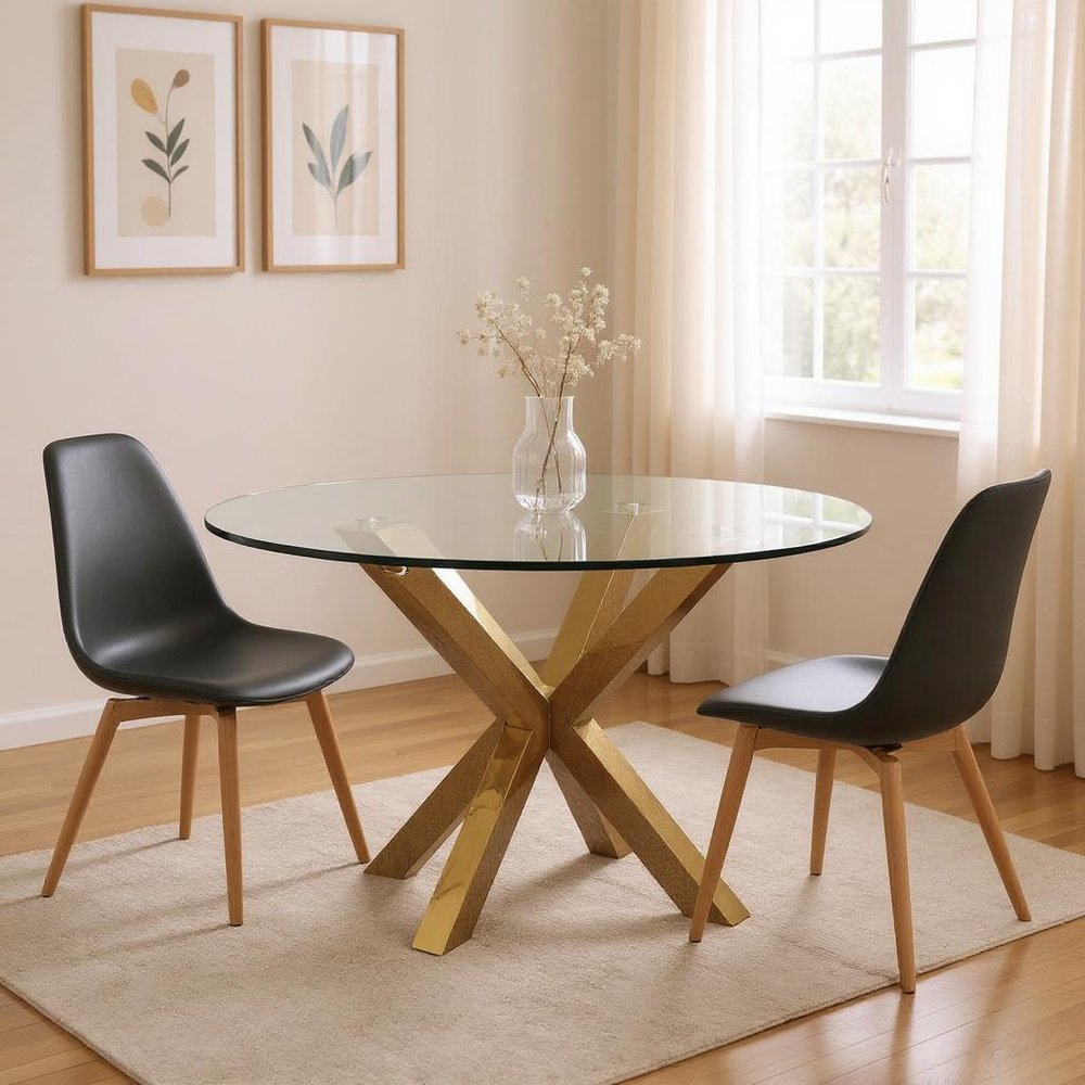 Clear and Gold Glass and Metal Cross Leg Base Round Top Dining Table - 54-inch