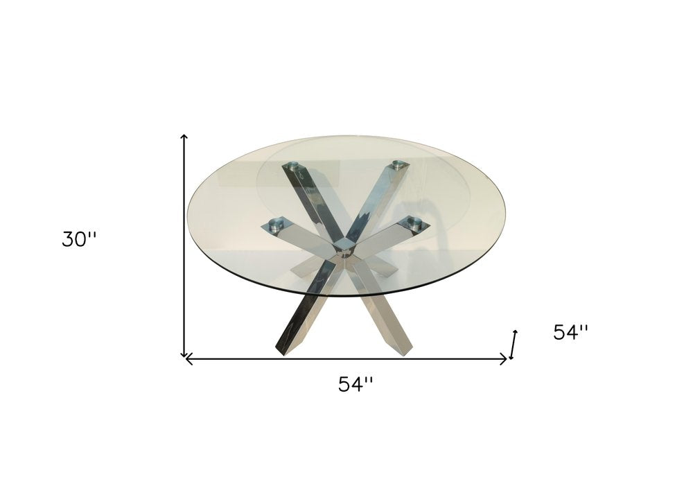 Clear and Silver Glass and Metal Cross Leg Base Round Top Dining Table - 54-inch