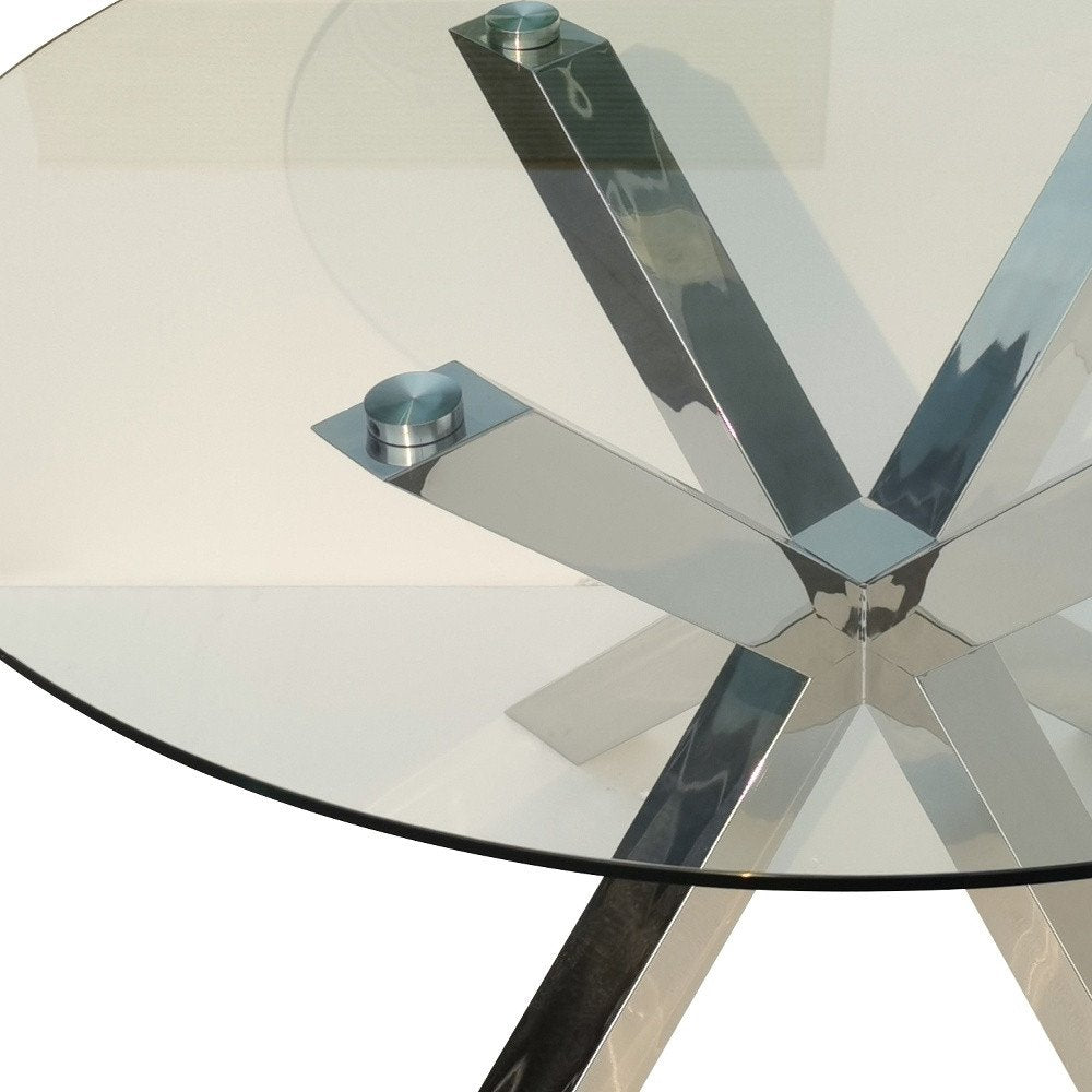 Clear and Silver Glass and Metal Cross Leg Base Round Top Dining Table - 54-inch
