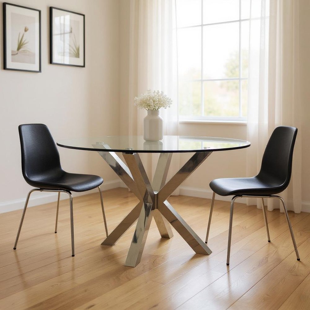 Clear and Silver Glass and Metal Cross Leg Base Round Top Dining Table - 54-inch